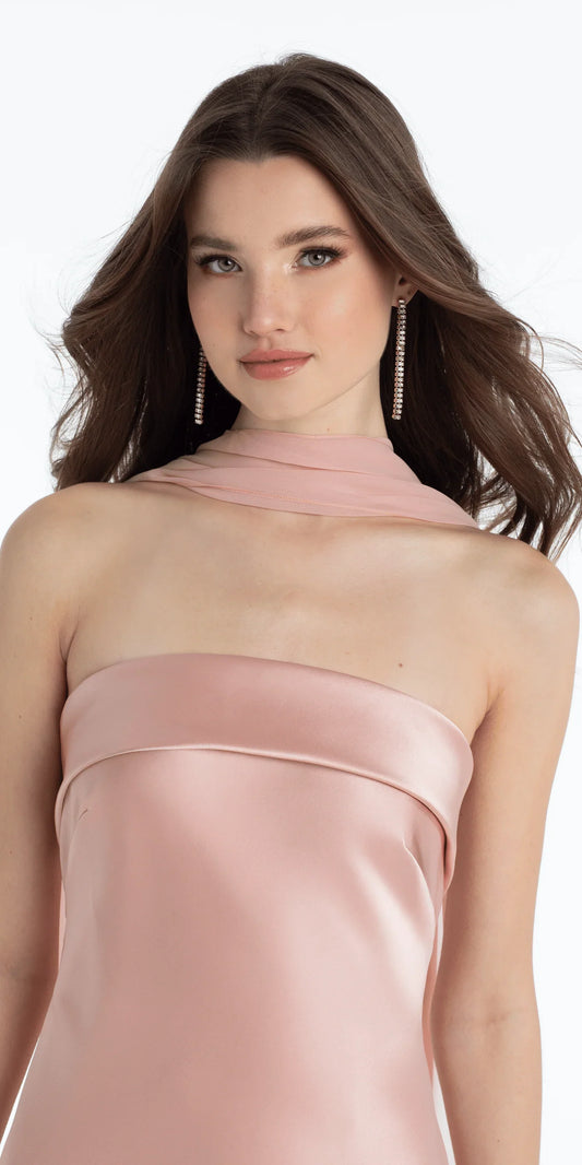 Elegant Satin Sheath Silhouette Strapless Halter Floor-Length Prom Dress with Chiffon Scarf Detail for Formal Events