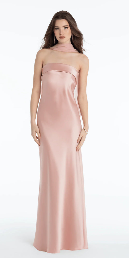 Elegant Satin Sheath Silhouette Strapless Halter Floor-Length Prom Dress with Chiffon Scarf Detail for Formal Events