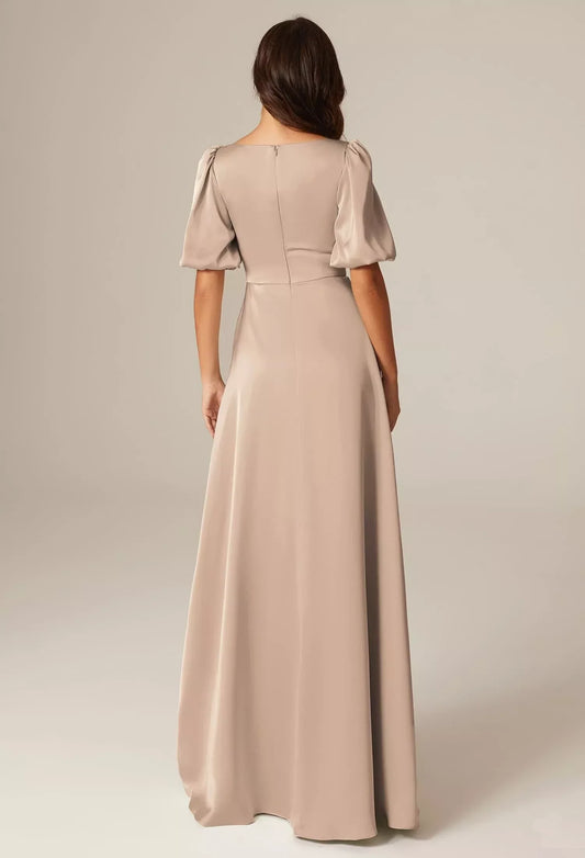 Elegant A-line Square Neckline Short Sleeves Back Zipper Floor Length Bridesmaid Dresses