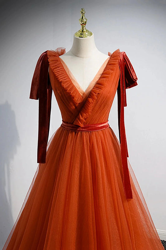 A-Line Tulle Long Prom Dress Orange V-Neck Long Simple Evening Dress simple gentle atmospheric and unique desi Bring summer colors to enhance whitenes by YiHuiw