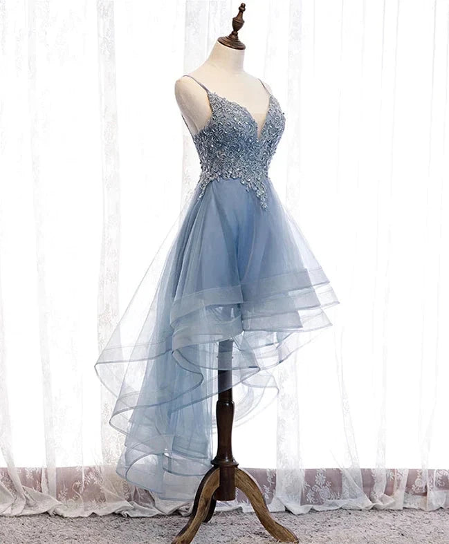 Blue High Low Tulle V-neckline Straps Party Dress with Lace, Cute Homecoming Dress by YiHuiw