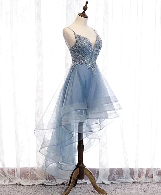 Blue High Low Tulle V-neckline Straps Party Dress with Lace, Cute Homecoming Dress by YiHuiw
