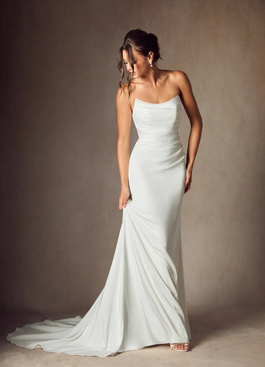 Strapless Ruched Bodice Satin Mermaid Wedding Dress with Chapel Train