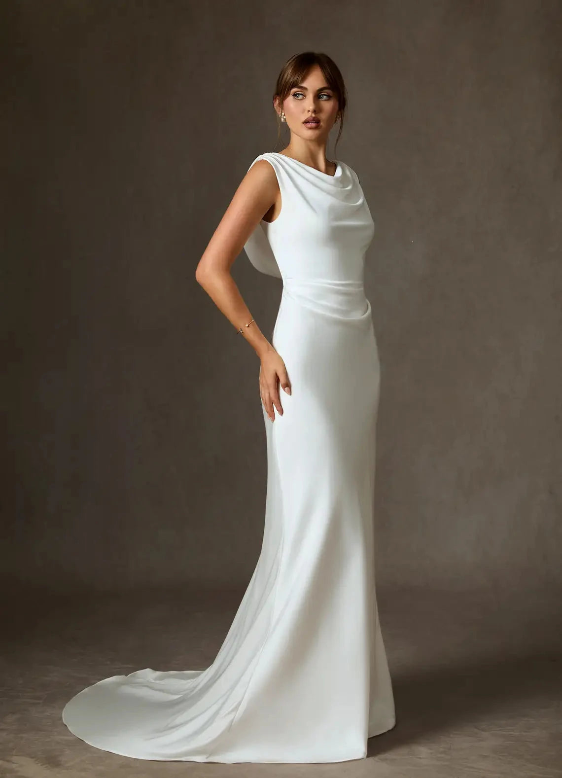 Elegant Satin Wedding Dress with Ruched Bodice Mermaid Silhouette Dramatic Cowl Back by YiHuiw