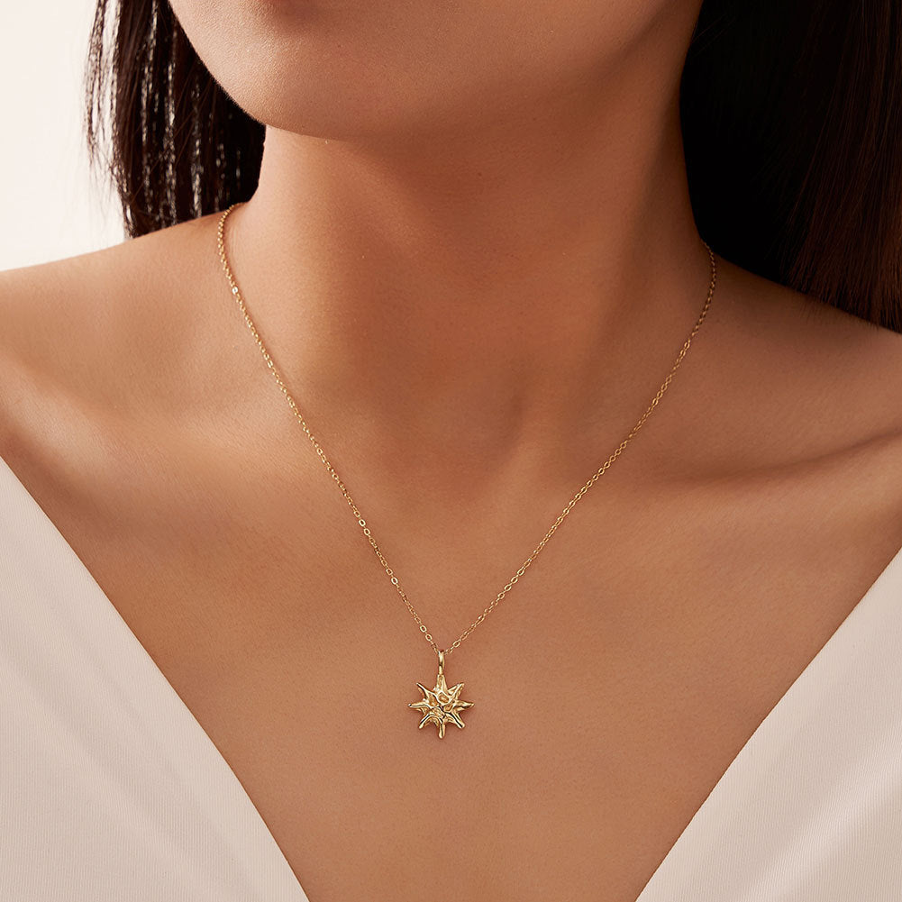 S925 Sterling Silver Hammered Star Pendant Necklace Gold Plated Chain
