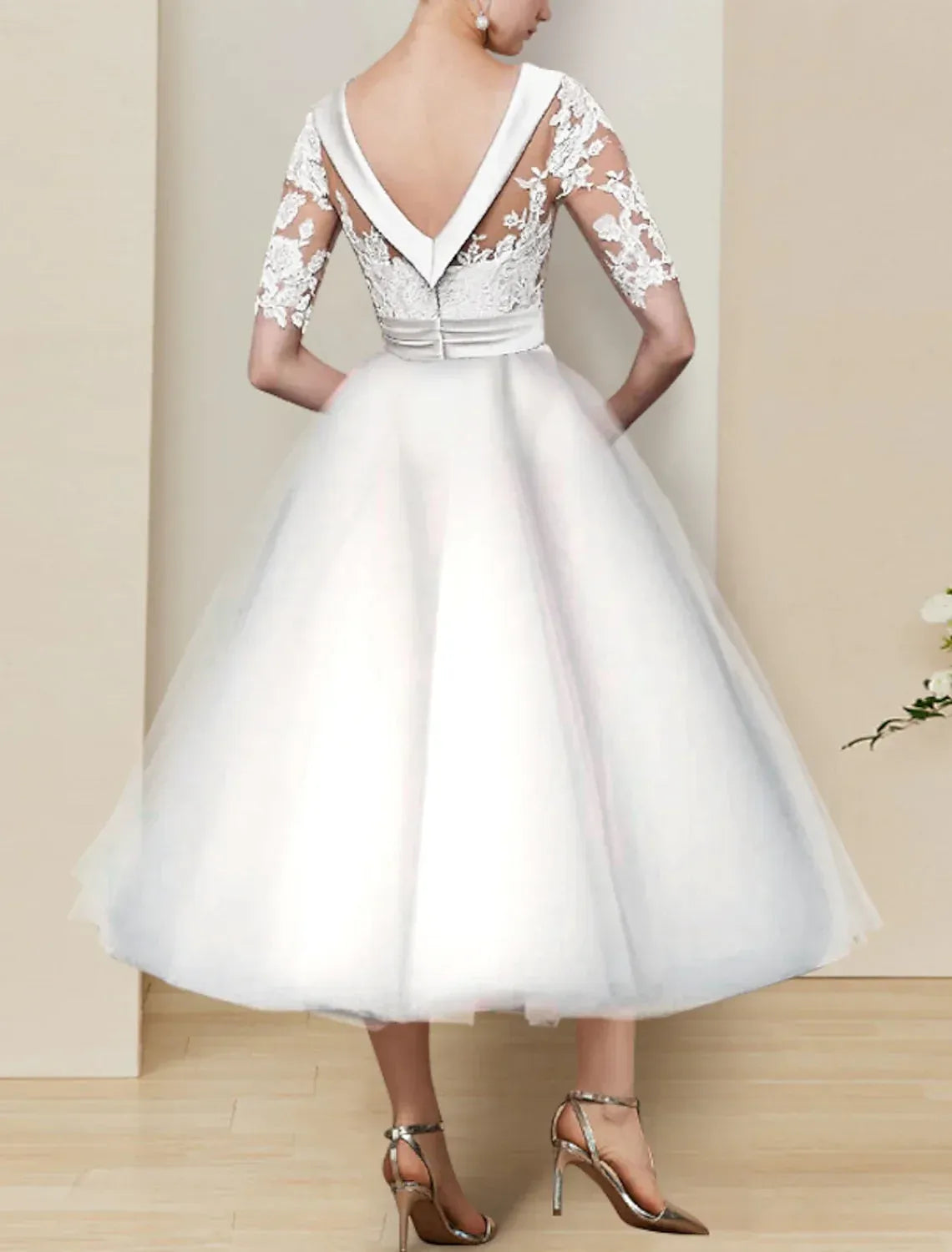 Illusion Tulle Three-Quarter Sleeve Midi Wedding Dress - Yihuiw by Yihuiw