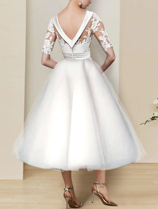 Illusion Tulle Three-Quarter Sleeve Midi Wedding Dress - Yihuiw by Yihuiw