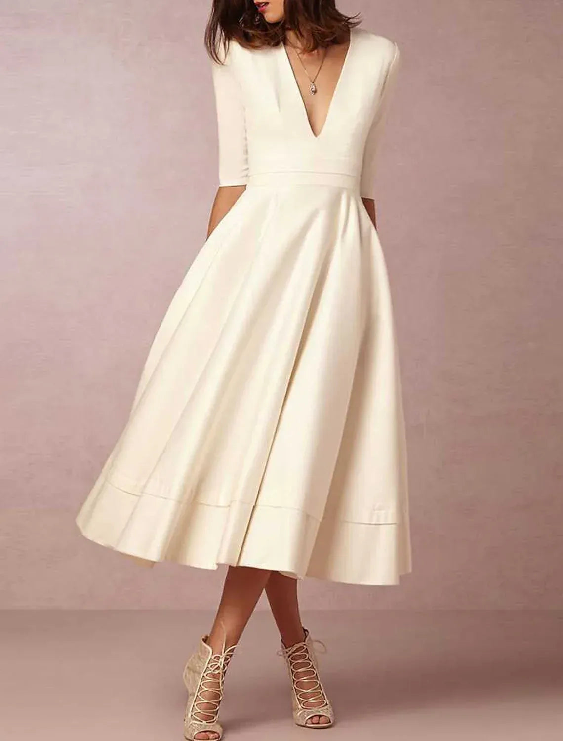 A-Line Crepe Three-Quarter Sleeve Midi Wedding Dress - Yihuiw by Yihuiw