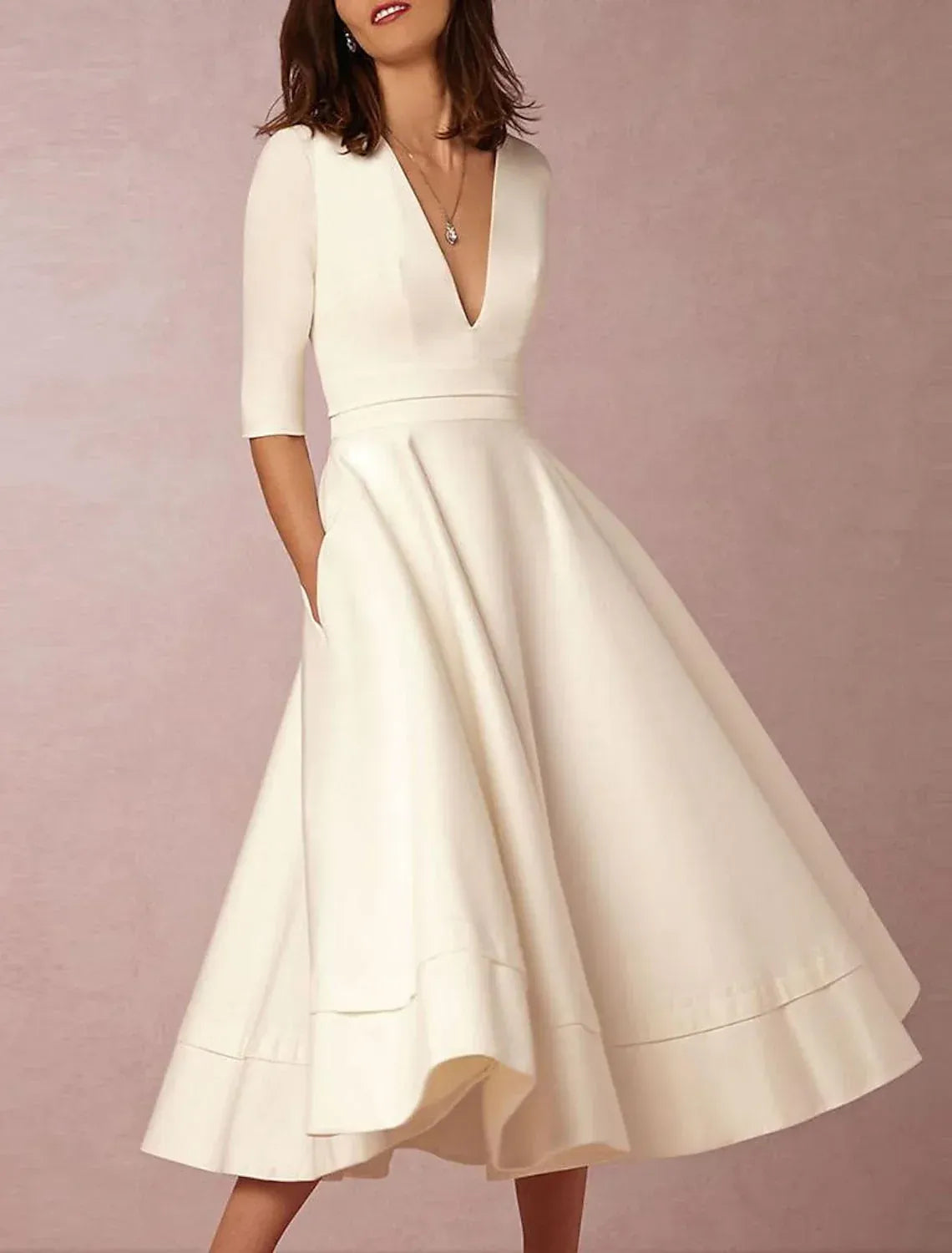 A-Line Crepe Three-Quarter Sleeve Midi Wedding Dress - Yihuiw by Yihuiw