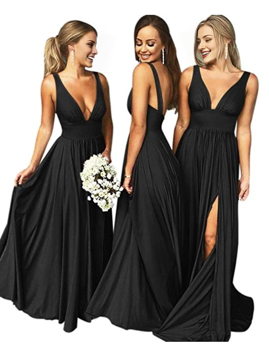 A-Line Bridesmaid Dress Plunging Neck Sleeveless Furcal Floor Length Chiffon with Pleats / Split Front by YiHuiw
