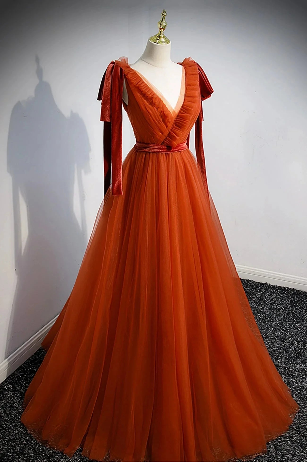 A-Line Tulle Long Prom Dress Orange V-Neck Long Simple Evening Dress simple gentle atmospheric and unique desi Bring summer colors to enhance whitenes by YiHuiw