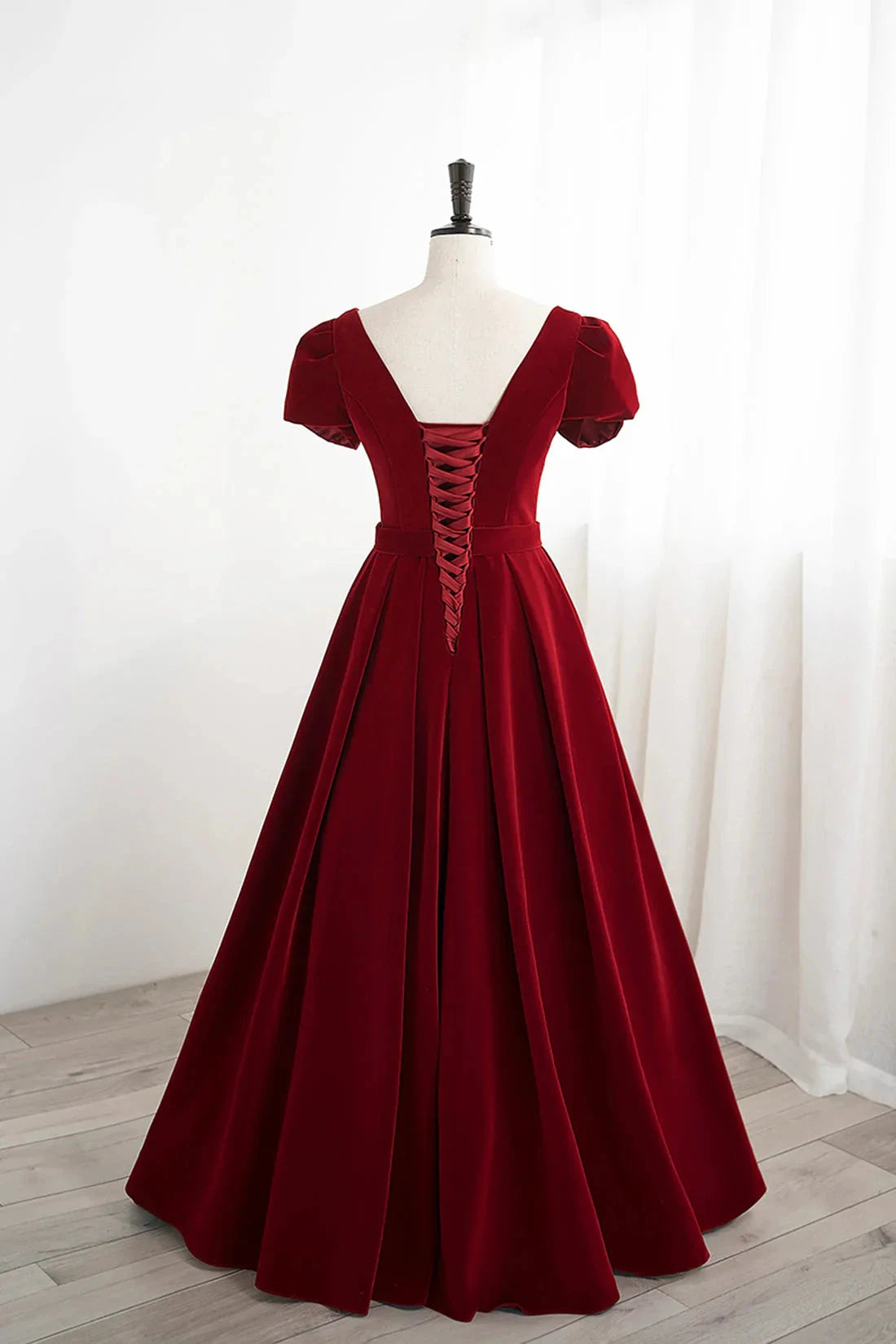 Burgundy Velvet Velvet Long Prom Dress Cute Short Sleeve Party Dress simple gentle atmospheric and unique desi Bring summer colors to enhance white by YiHuiw