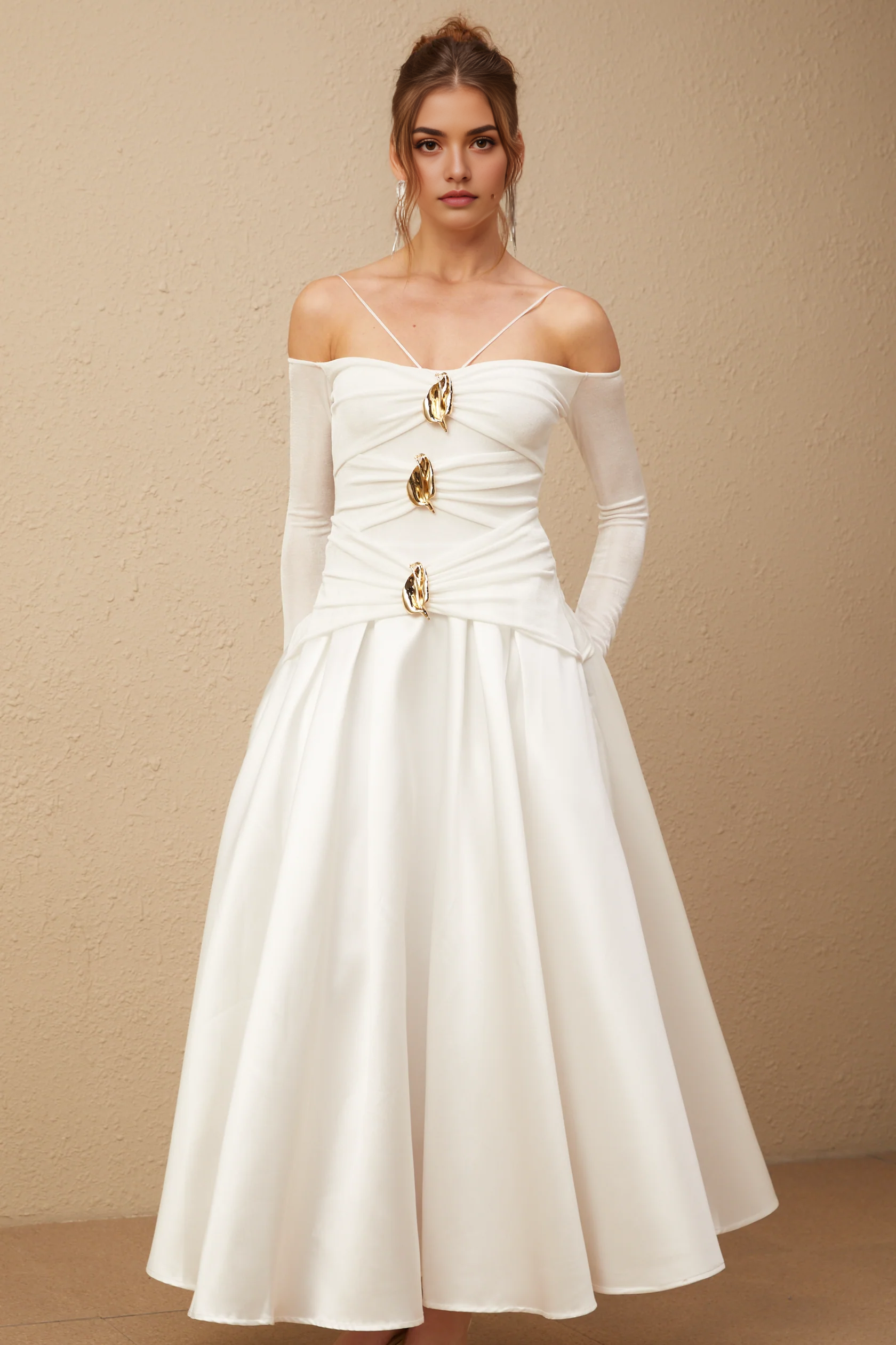 White Off - Shoulder Maxi Dress with Gold Accents Nadine off-shoulder panelled maxi dress in White by YiHuiw