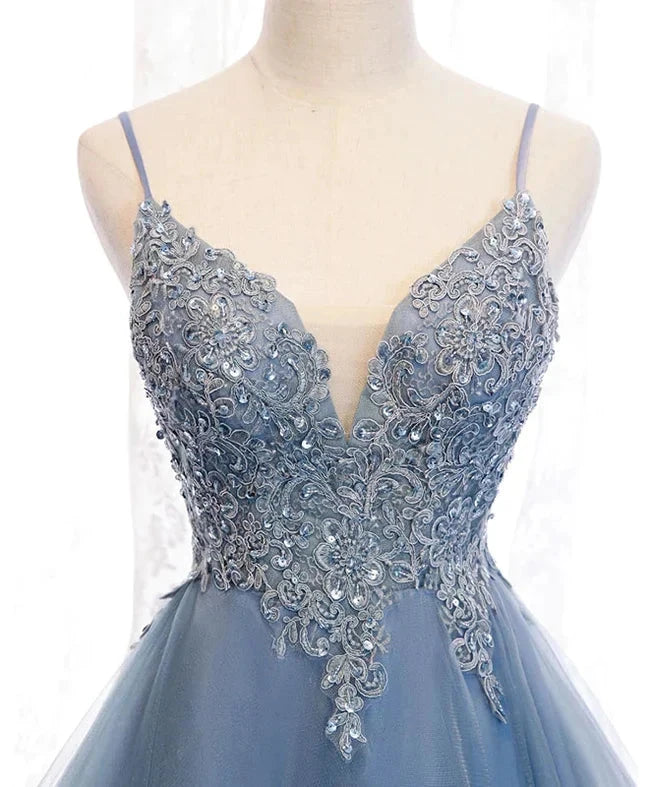 Blue High Low Tulle V-neckline Straps Party Dress with Lace, Cute Homecoming Dress by YiHuiw