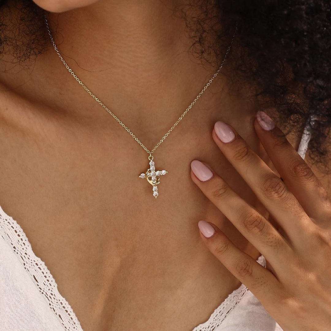 Christian Religious Symbola Drop Classic Crown & Cross Pendant Choker Easter Necklace For Women Pretty Crown Cross Necklace