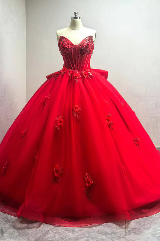 Red Ball Gown Prom Dress with Beaded Corset Bodice and Floral Appliques