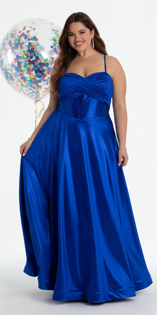 Spaghetti Strap Corset Bodice Satin A-Line Evening Dresses with Lace-Up Back and Side Pockets