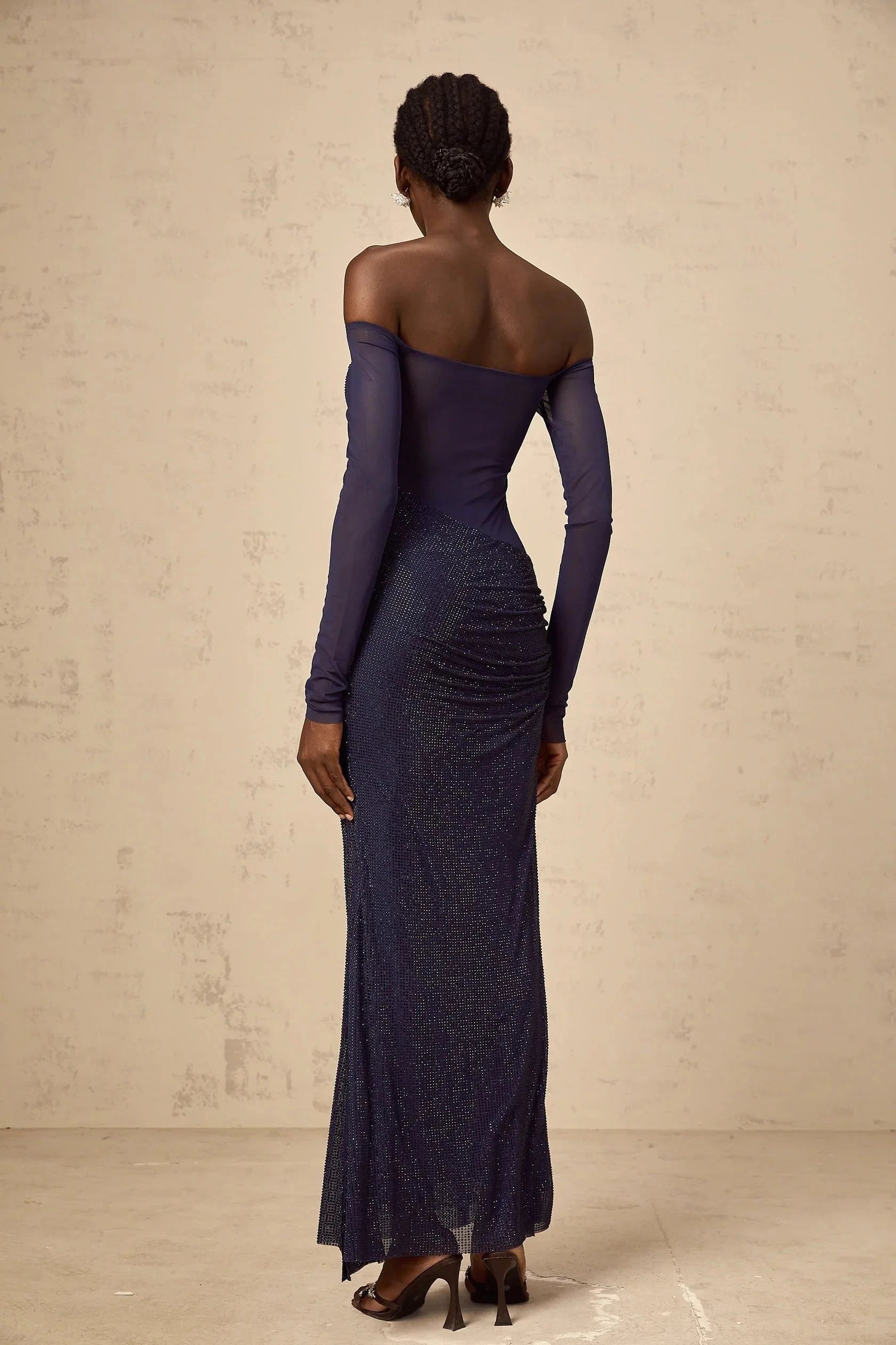 Navy Blue Off - Shoulder Mesh Maxi Dress with Sparkle Detail dark-blue embellished tulle-panel corset maxi dress Evening Dress by YiHuiw