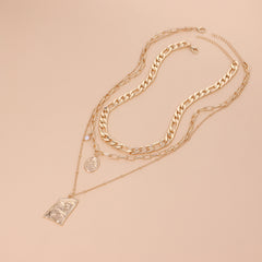 Vintage Punk Multi Layered Women's Pearl Necklaces Fashion Long Geometric Portait Pendant Necklace