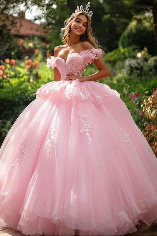 Pink Off-the-Shoulder Ball Gown Prom Dress with Floral Appliques and Layered Tulle Skirt