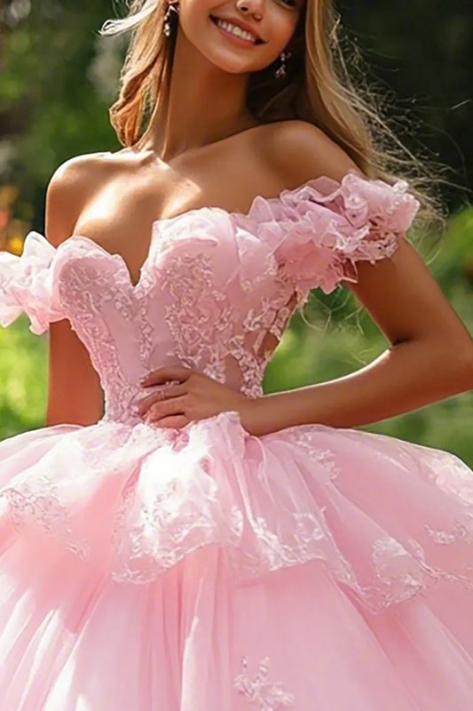 Pink Off-the-Shoulder Ball Gown Prom Dress with Floral Appliques and Layered Tulle Skirt