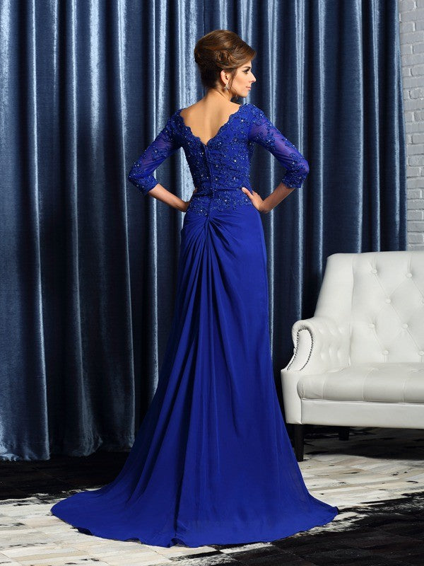 A-Line/Princess V-neck Applique 3/4 Sleeves Long Chiffon Mother of the Bride Dresses by YiHuiw