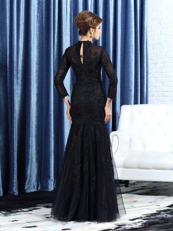 Trumpet/Mermaid High Neck Applique Long Sleeves Long Tulle Mother of the Bride Dresses by YiHuiw