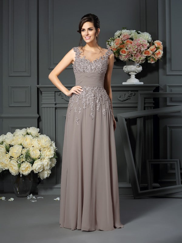 A-Line/Princess Scoop Beading Sleeveless Long Chiffon Mother of the Bride Dresses by YiHuiw