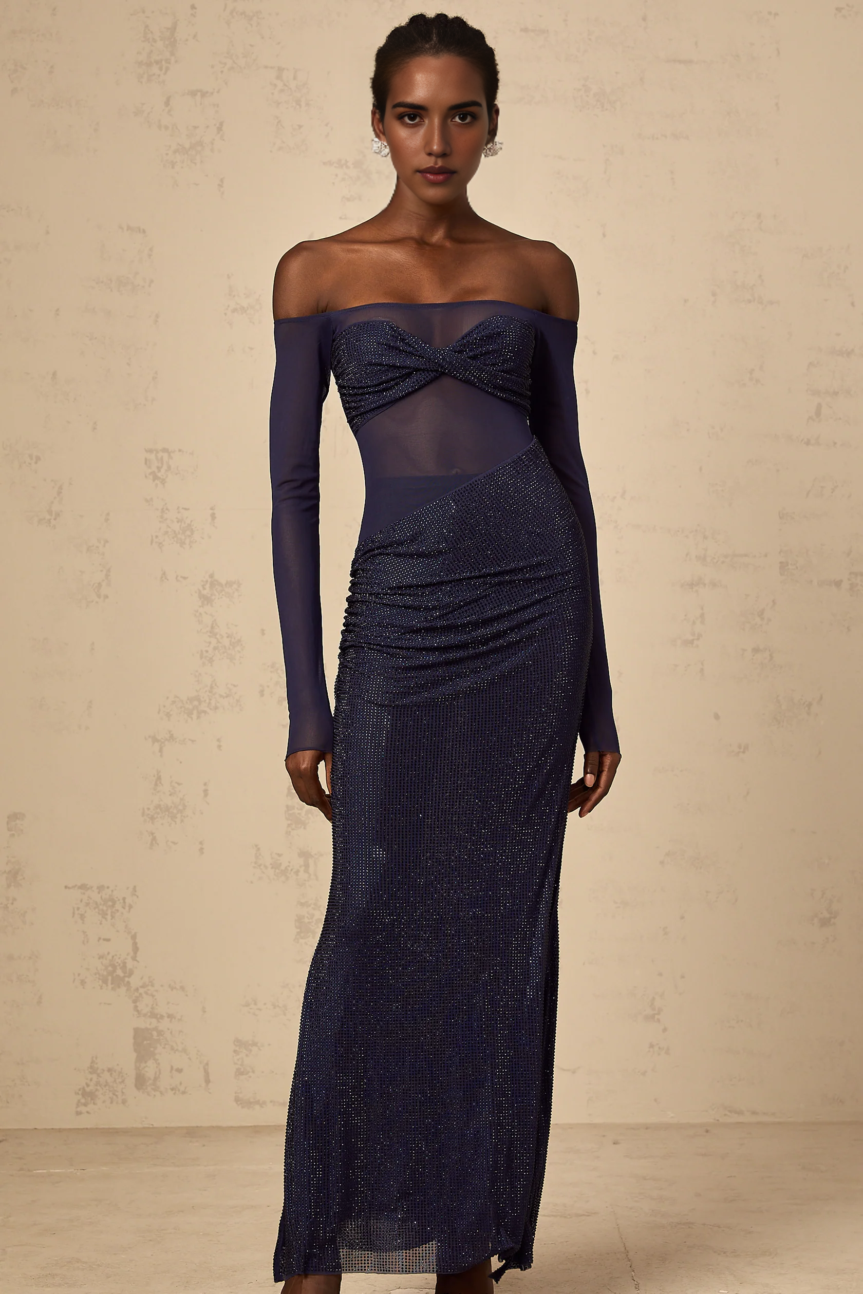 Navy Blue Off - Shoulder Mesh Maxi Dress with Sparkle Detail dark-blue embellished tulle-panel corset maxi dress Evening Dress by YiHuiw
