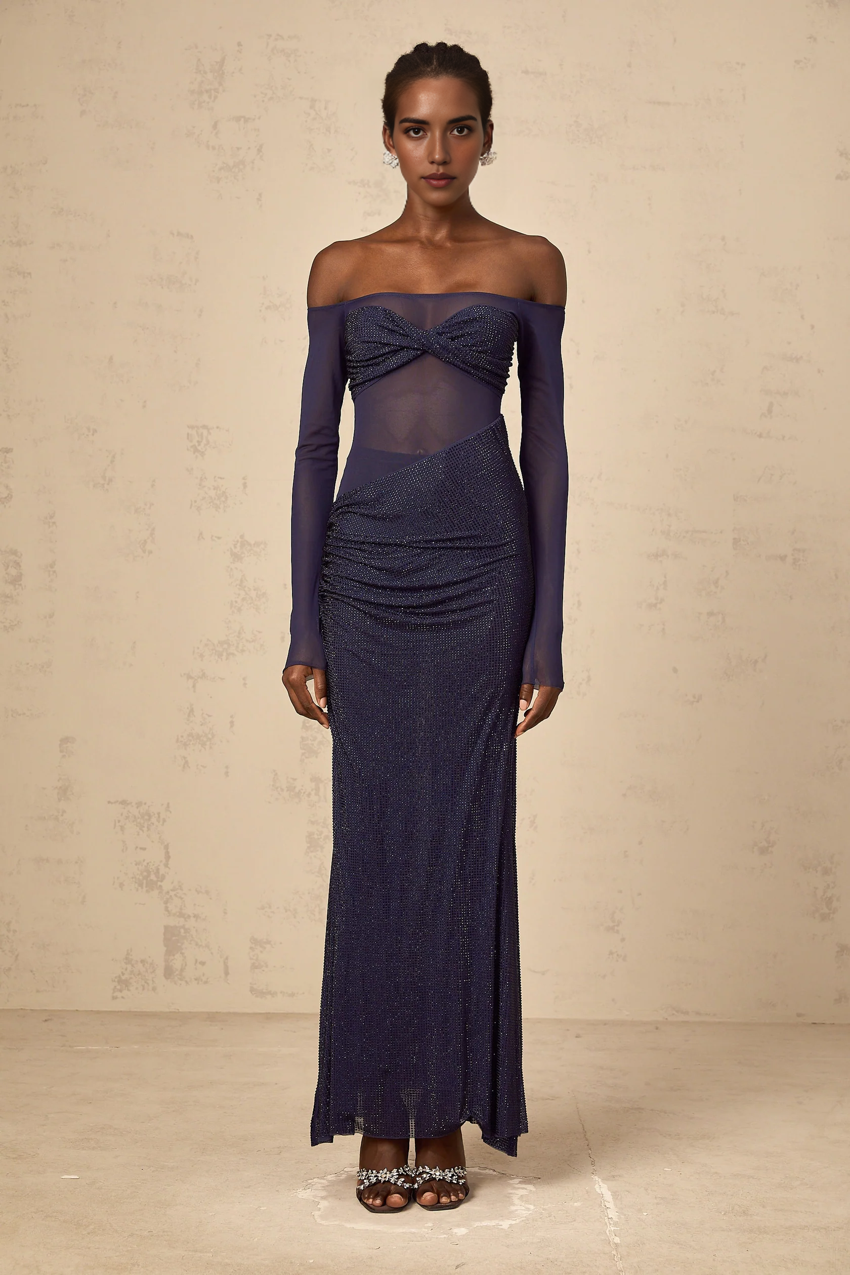 Navy Blue Off - Shoulder Mesh Maxi Dress with Sparkle Detail dark-blue embellished tulle-panel corset maxi dress Evening Dress by YiHuiw