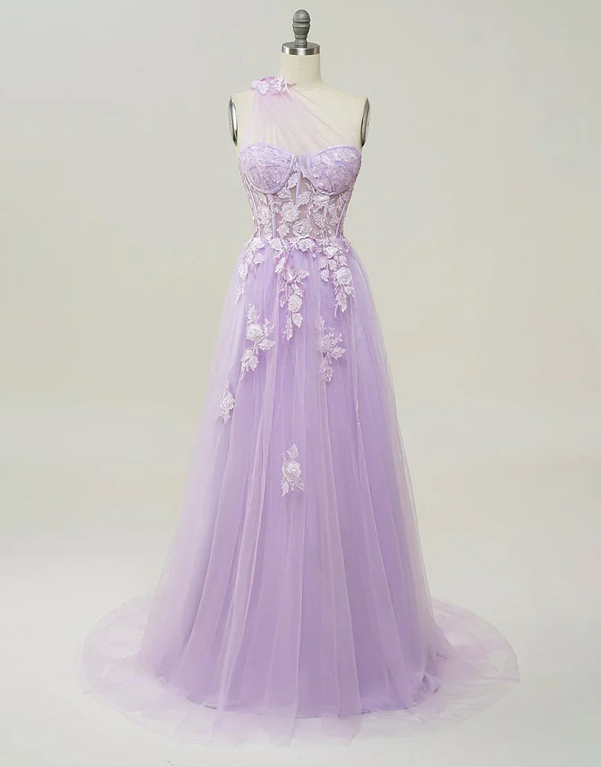 A-Line Prom Dresses Color Block Dress Formal Wedding Party Sweep / Brush Train Sleeveless One Shoulder Tulle Backless with Pleats Appliques