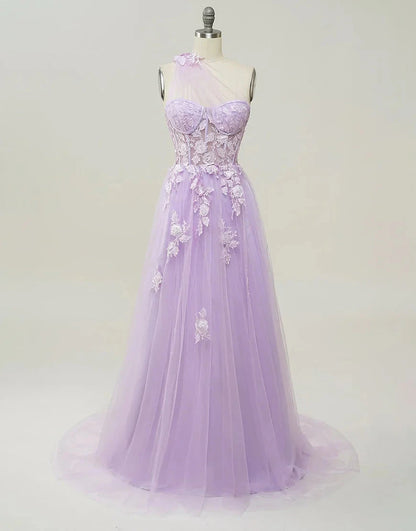 A-Line Prom Dresses Color Block Dress Formal Wedding Party Sweep / Brush Train Sleeveless One Shoulder Tulle Backless with Pleats Appliques by YiHuiw