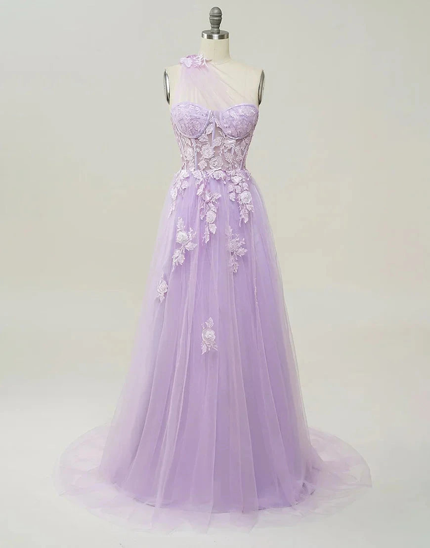 A-Line Prom Dresses Color Block Dress Formal Wedding Guest Sweep / Brush Train Sleeveless One Shoulder Tulle Backless with Pleats Appliques by YiHuiw
