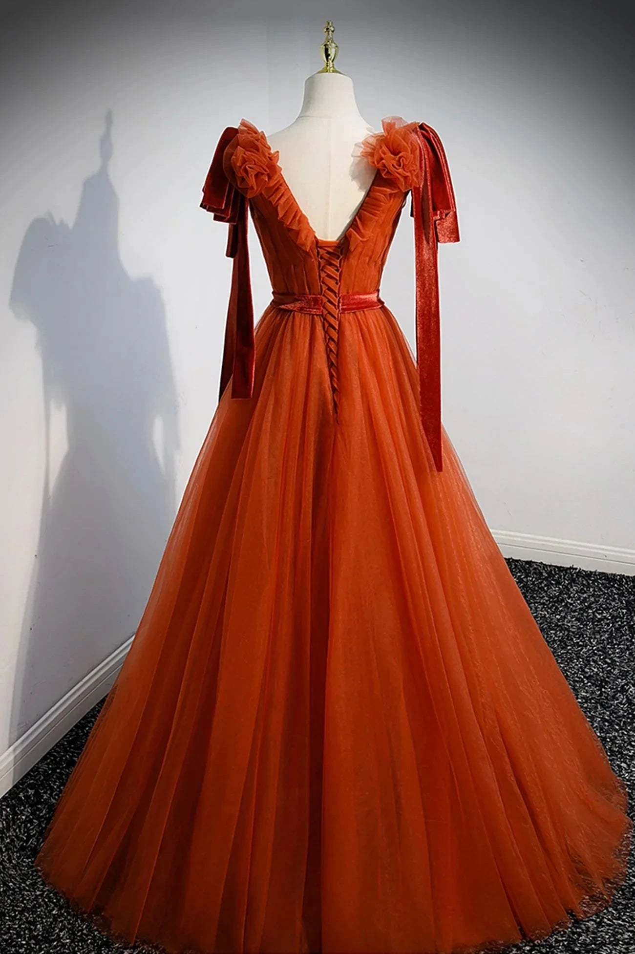 A-Line Tulle Long Prom Dress Orange V-Neck Long Simple Evening Dress simple gentle atmospheric and unique desi Bring summer colors to enhance whitenes by YiHuiw