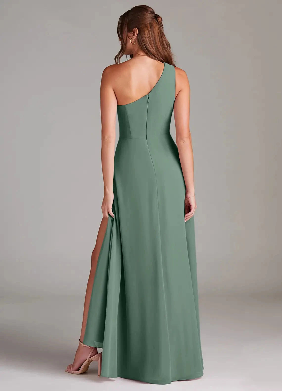 Sage Green One-Shoulder Ruched Maxi Dress with Side Slit A-Line One Shoulder Chiffon Dress Bridesmaid Dresses by YiHuiw