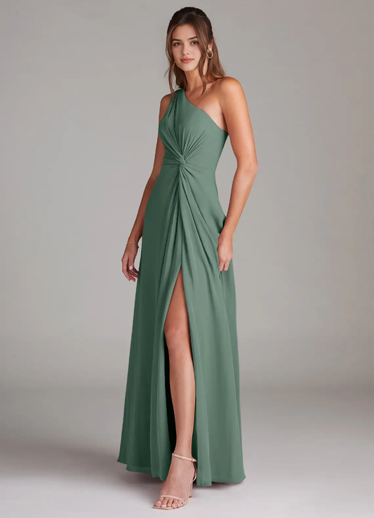Sage Green One-Shoulder Ruched Maxi Dress with Side Slit A-Line One Shoulder Chiffon Dress Bridesmaid Dresses by YiHuiw
