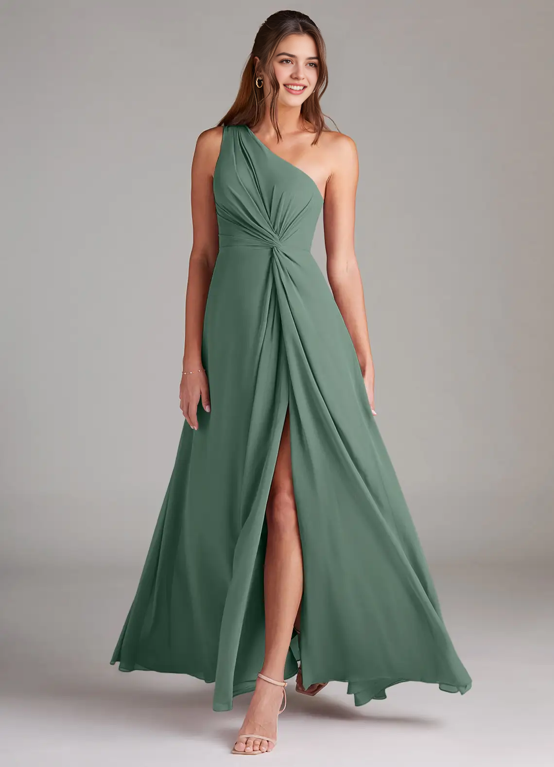 Sage Green One-Shoulder Ruched Maxi Dress with Side Slit A-Line One Shoulder Chiffon Dress Bridesmaid Dresses by YiHuiw