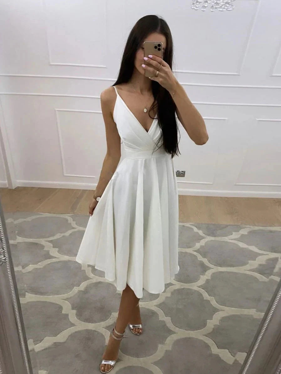Simple white v neck short prom dress white homecoming dress simple gentle atmospheric and unique desi Bring summer colors to enhance whiteness by YiHuiw