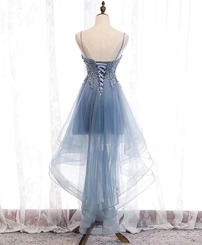 Blue High Low Tulle V-neckline Straps Party Dress with Lace, Cute Homecoming Dress by YiHuiw