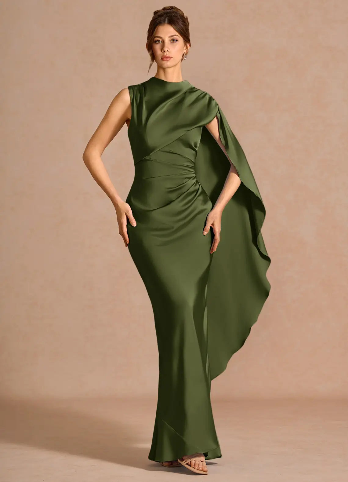 Mermaid High Neck Satin Draped Floor-Length Wedding Dress - Yihuiw by Yihuiw