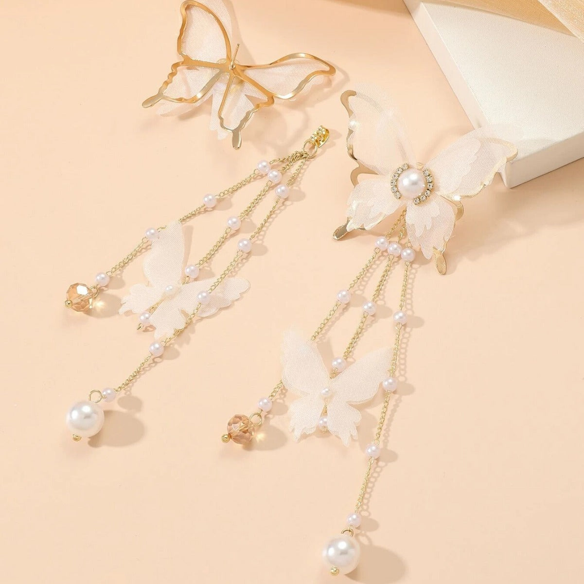 Butterfly Tassel Lace Pearl Rhinestone Pearl Earrings