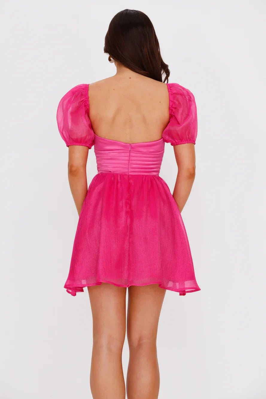 Bright pink dress with heart-shaped neckline and bubble short sleeves suitable for dates, parties, and other occasions by YiHuiw