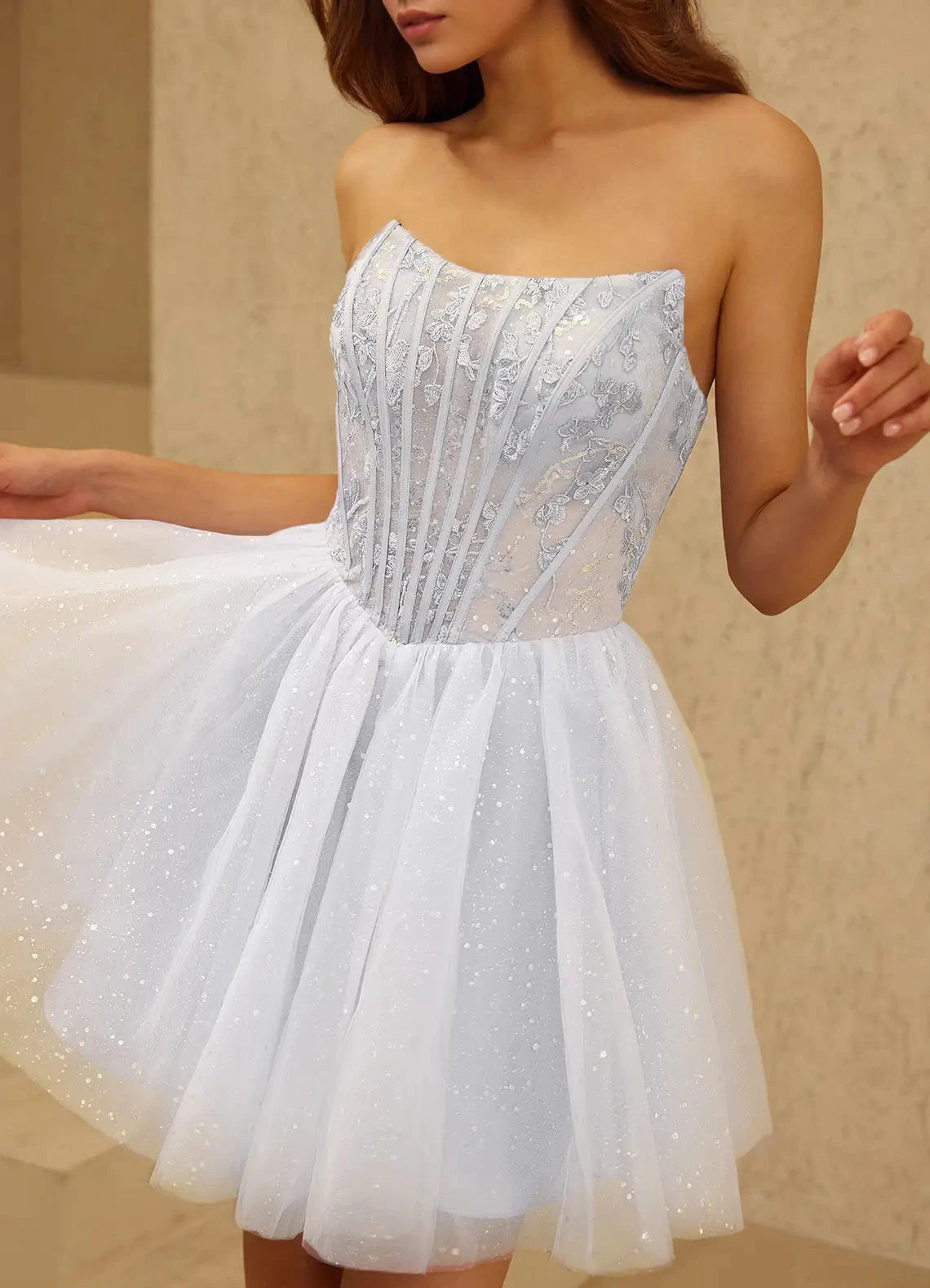 Light Blue Strapless Tulle Mini Dress with Lace-Up Back Florisse White Mini Dress Homecoming Dresses by YiHuiw
