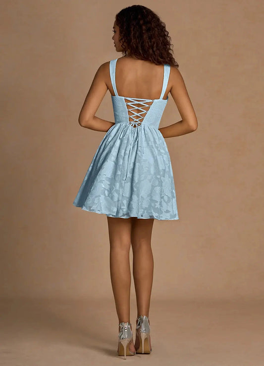 Light Blue Floral Jacquard Mini Dress with Lace - Up Back and Cowl Neck Ivy Sky Blue Mini Dress Homecoming Dresses by YiHuiw