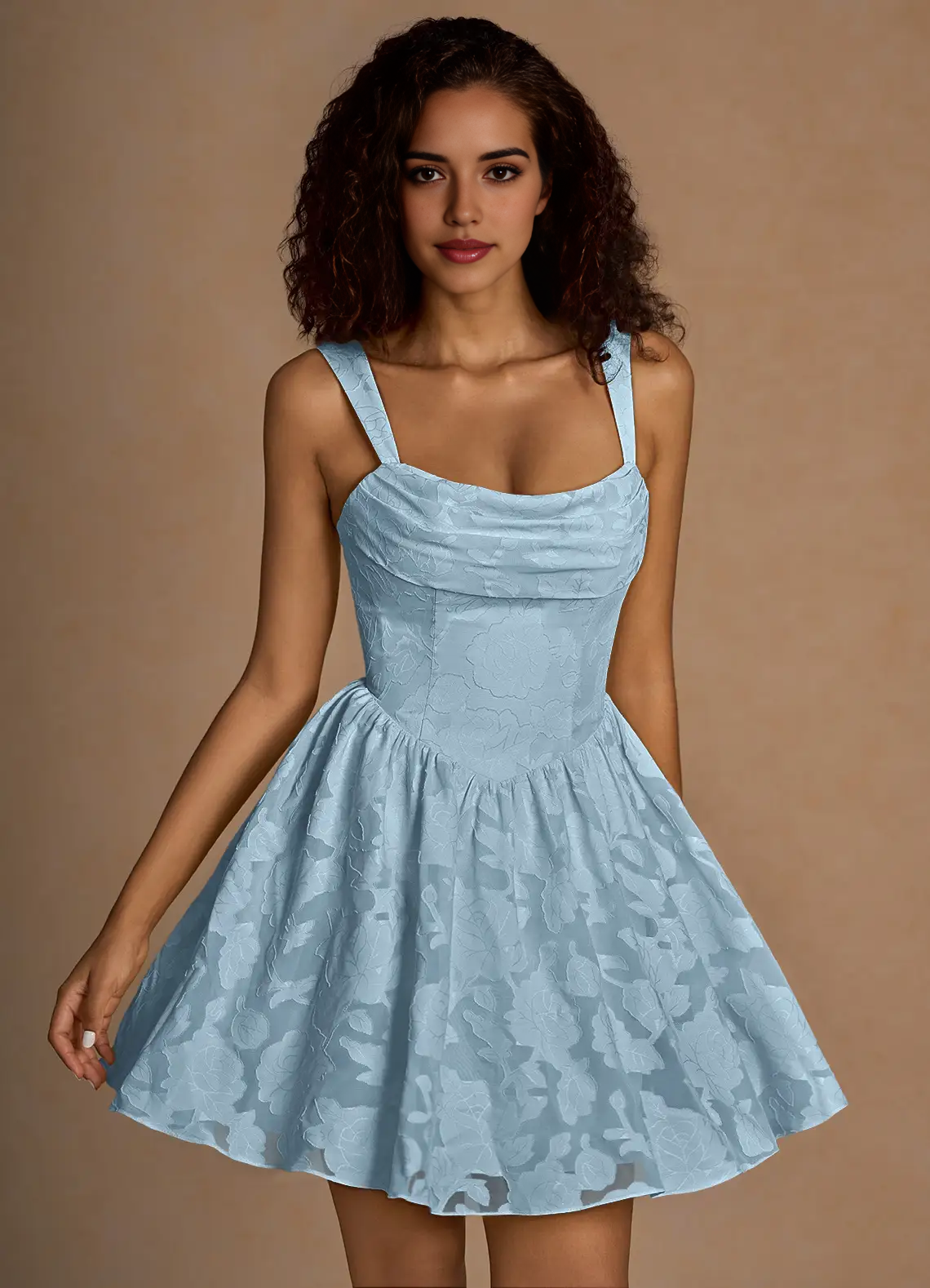 Light Blue Floral Jacquard Mini Dress with Lace - Up Back and Cowl Neck Ivy Sky Blue Mini Dress Homecoming Dresses by YiHuiw