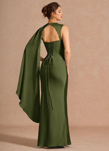 Mermaid High Neck Satin Draped Floor-Length Wedding Dress - Yihuiw by Yihuiw