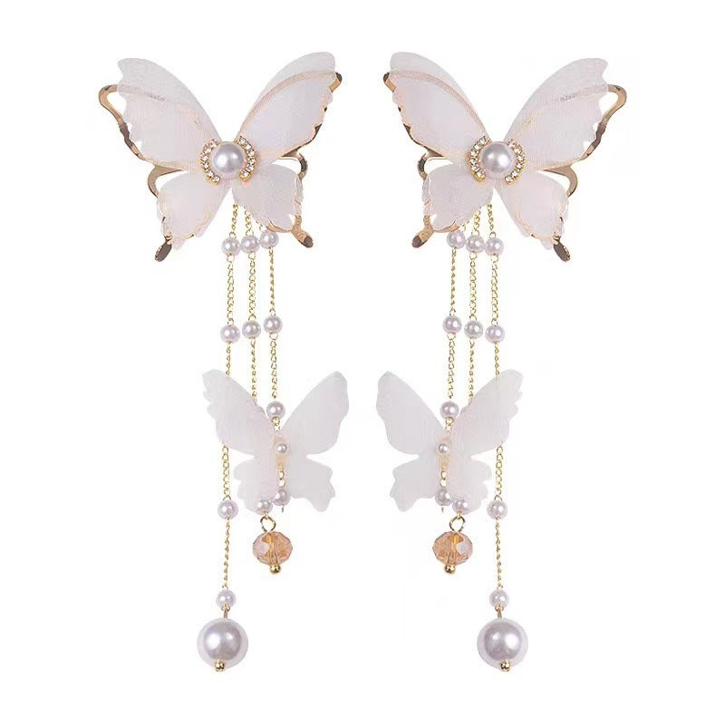 Butterfly Tassel Lace Pearl Rhinestone Pearl Earrings