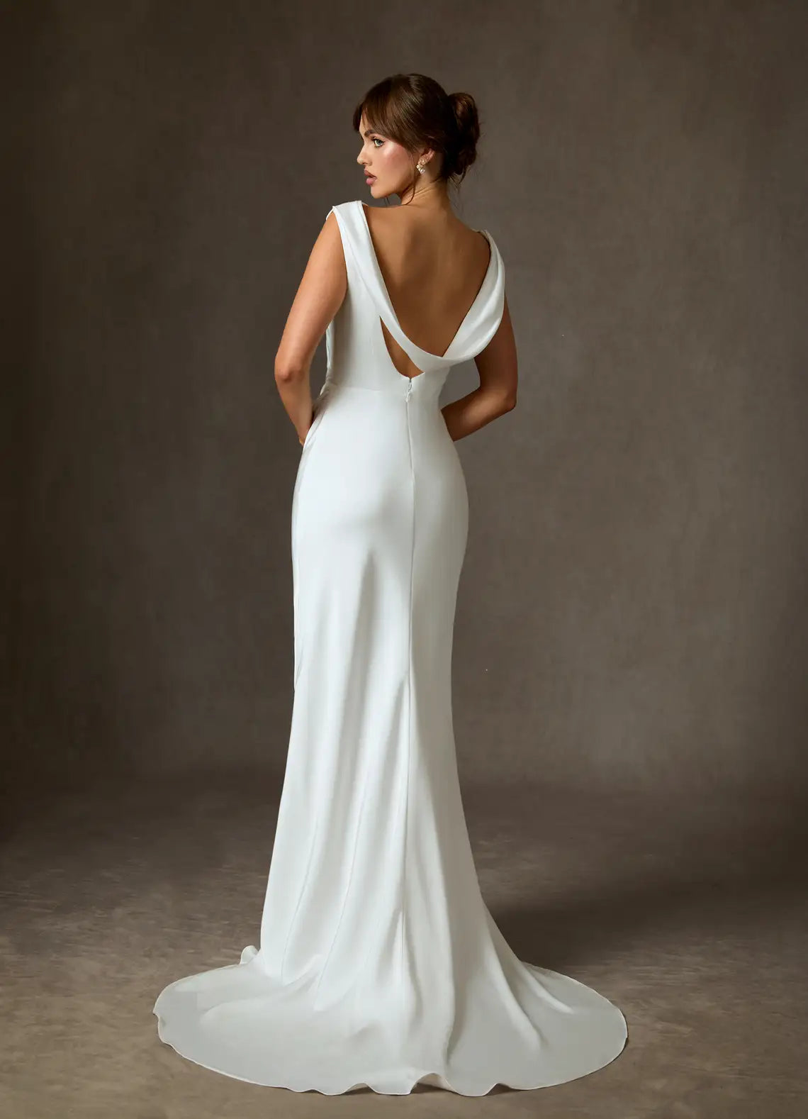 Elegant Satin Wedding Dress with Ruched Bodice Mermaid Silhouette Dramatic Cowl Back