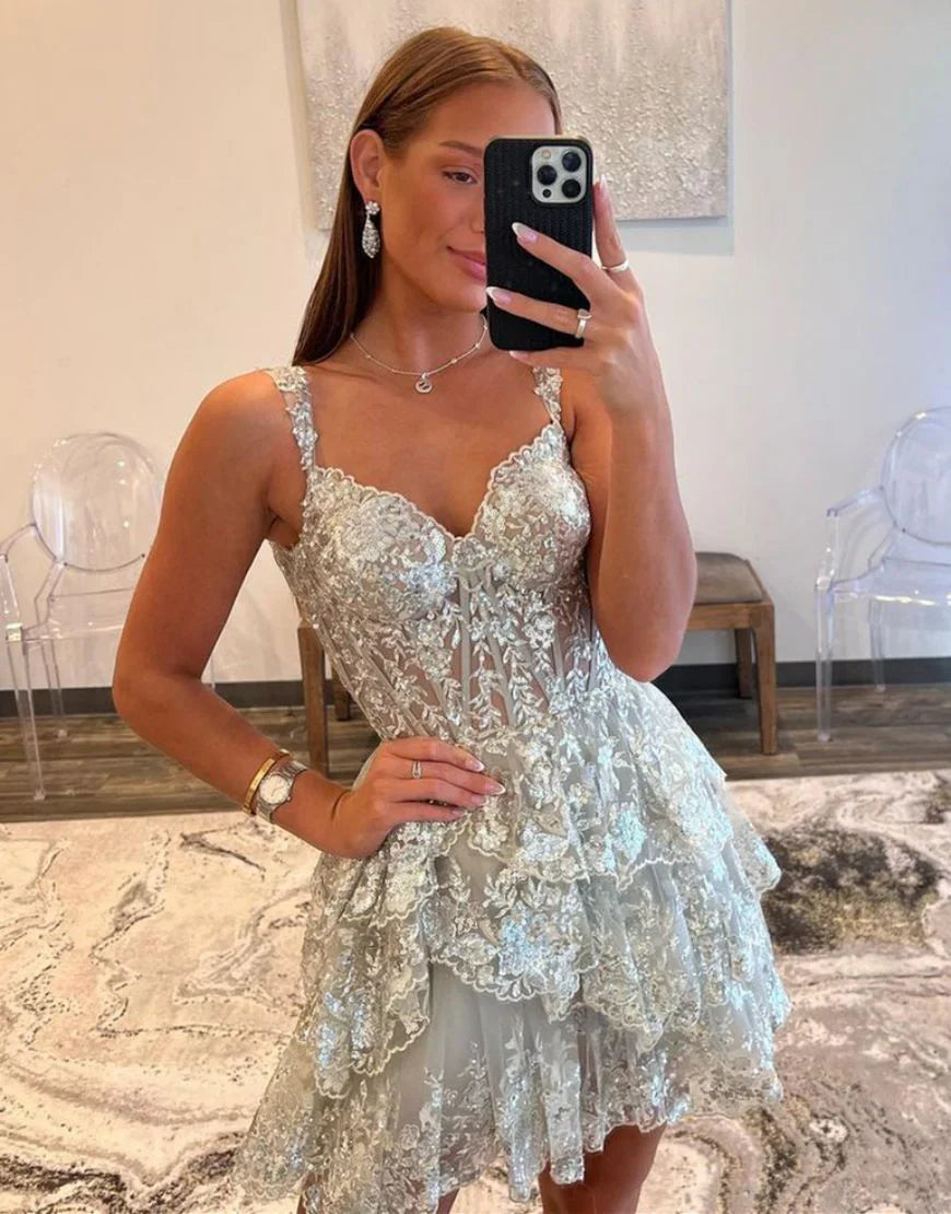A-Line Glitter Off The Shoulder Tiered Short Homecoming Party Dress by lanqidress