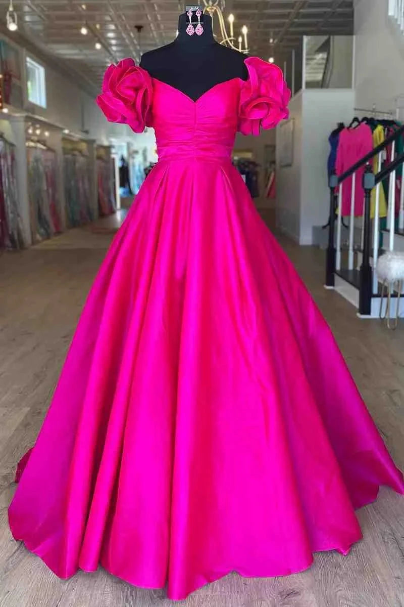 A-Line Ruffle Shoulder Fuchsia Satin Long Formal Dress Yellow Satin Evening Dresses simple gentle atmospheric and unique desi Bring summer colors to enhance whiteness by YiHuiw